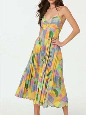 Astr Pleated Floral Midi Dress in Yellow, Green & Lavender